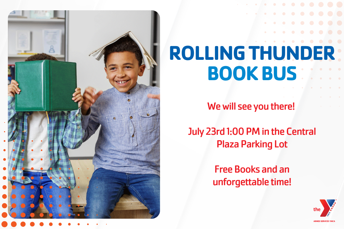 "Rolling Thunder Book Buss - We will see you there! July 23rd 1:00 PM in the Central Plaza Parking Lot, Free books and an unforgettable time!" social media graphic "Rolling Thunder Book Buss - We will see you there! July 23rd 1:00 PM in the Central Plaza Parking Lot, Free books and an unforgettable time!" social media graphic