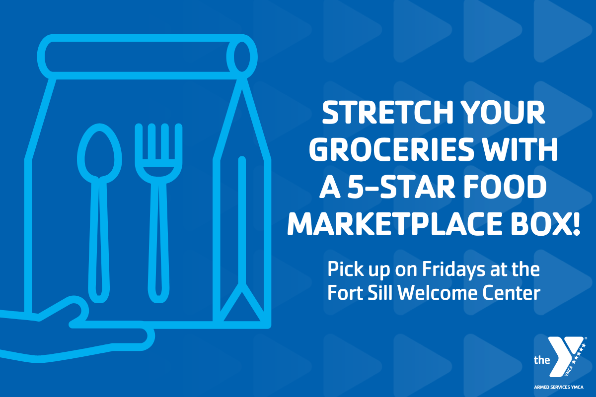 "Stretch your groceries with a 5-star food marketplace box! Pick up on Fridays at the Fort Sill Welcome Center" social media graphic "Stretch your groceries with a 5-star food marketplace box! Pick up on Fridays at the Fort Sill Welcome Center" social media graphic