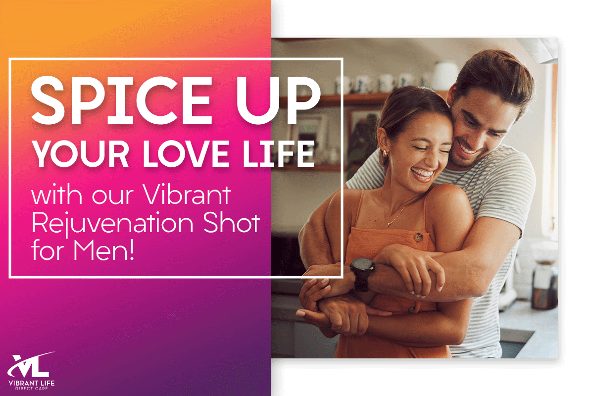 "Spice up your love life with our vibrant rejuvenation shot for men!" social media graphic "Spice up your love life with our vibrant rejuvenation shot for men!" social media graphic